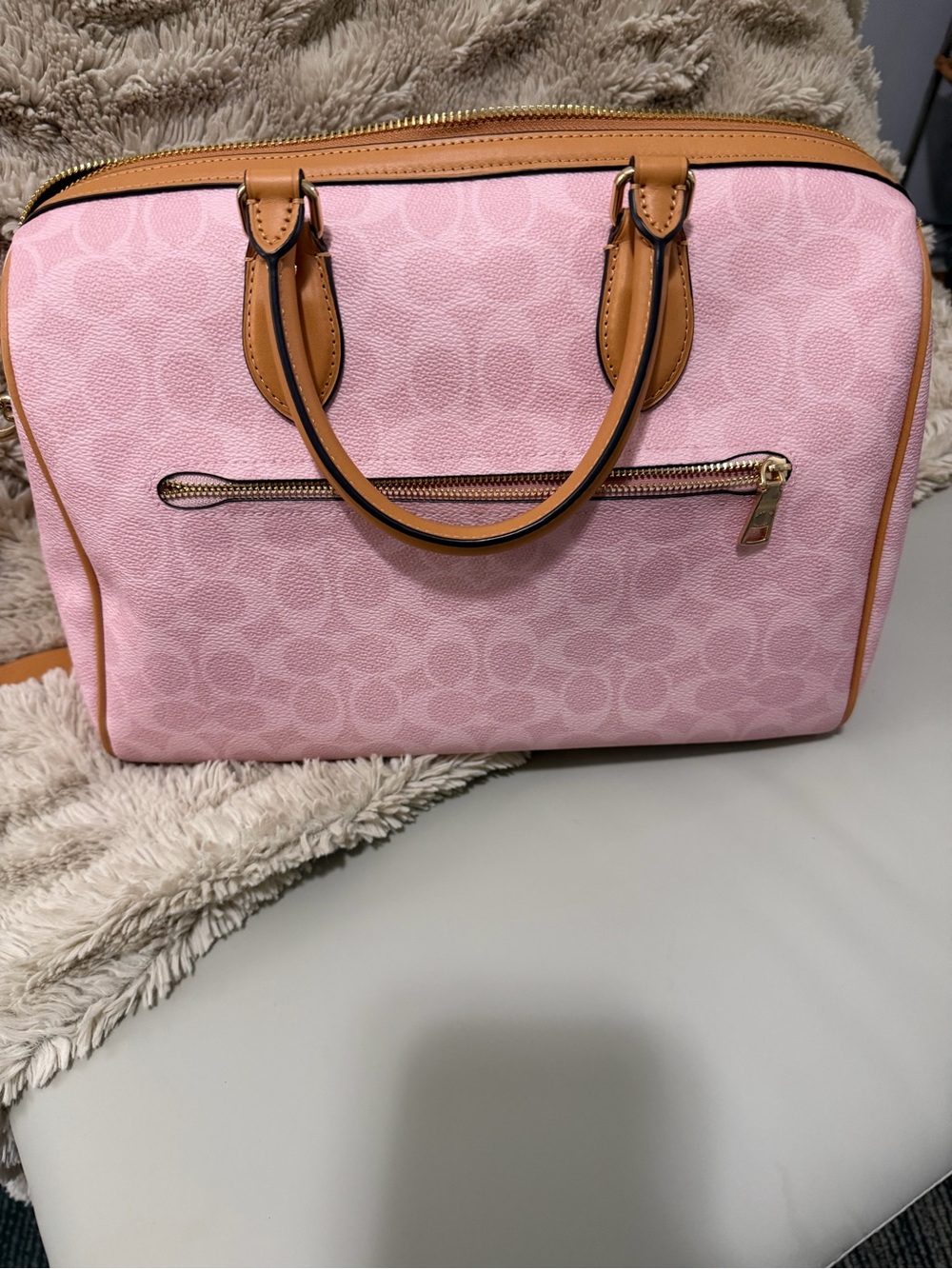 Coach Powder Pink Large Rowan with Tan Trim and Flower Charm EUC - Picture 2 of 7